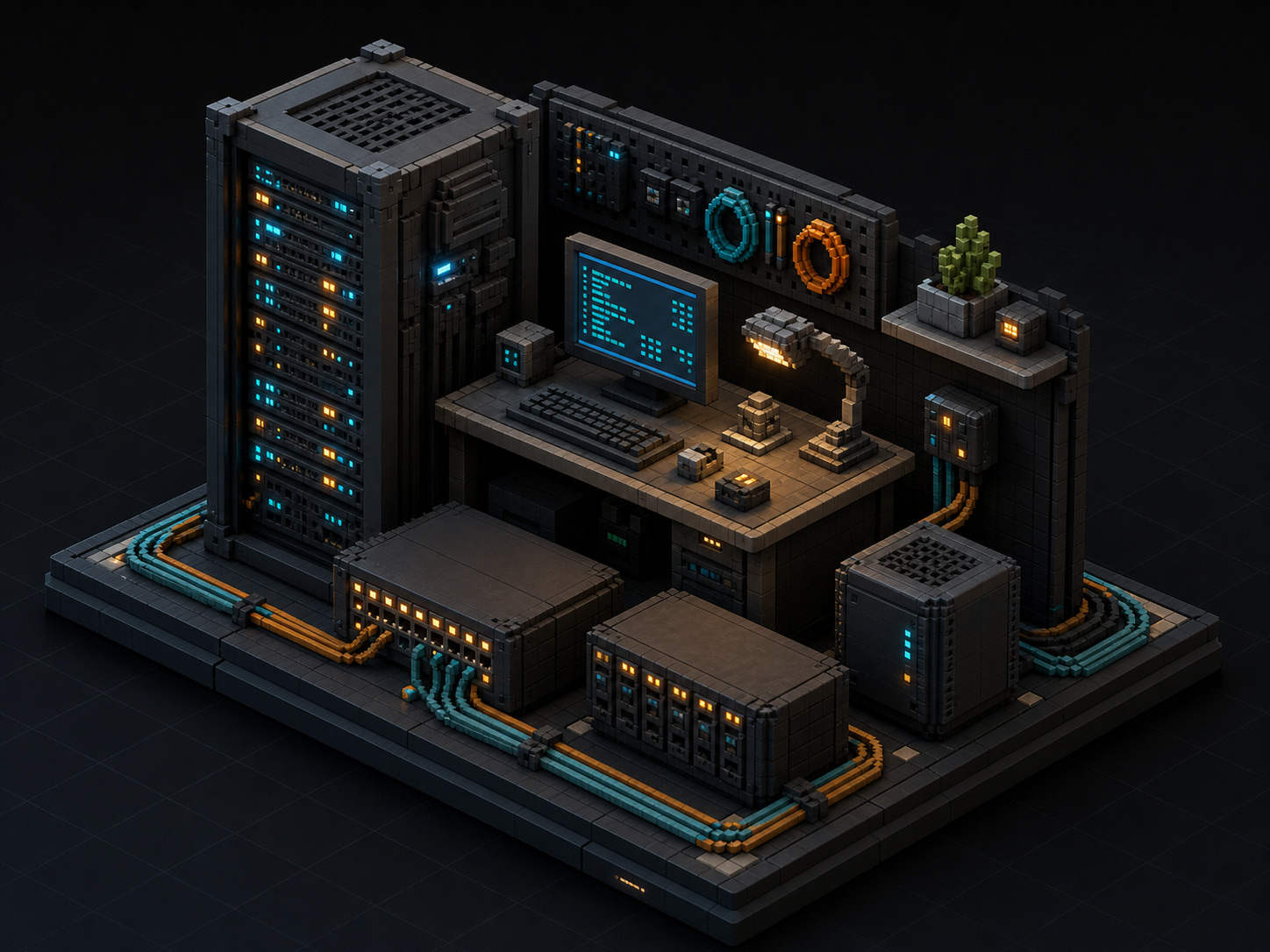 3D pixel-art cloud infrastructure engineering workspace with a server rack, terminal, network switch, and storage