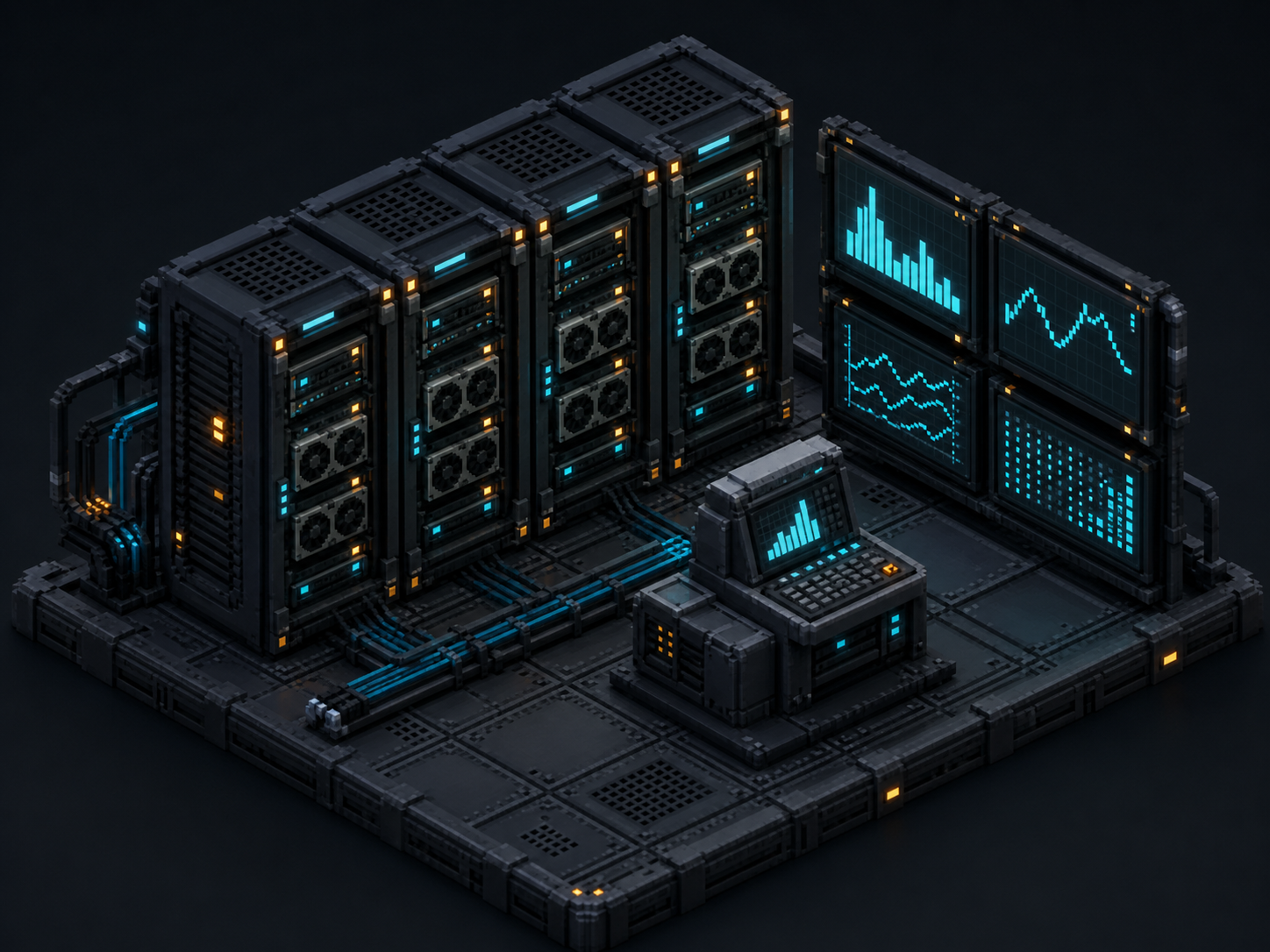 3D pixel-art GPU performance lab with server racks and benchmark displays
