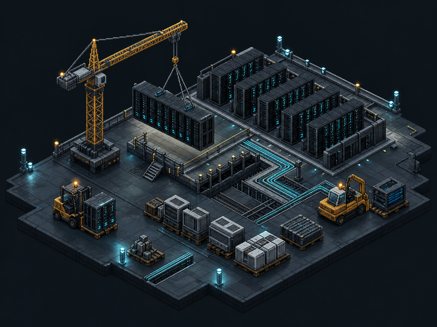 3D pixel-art data center construction site with server racks, crane, and construction equipment