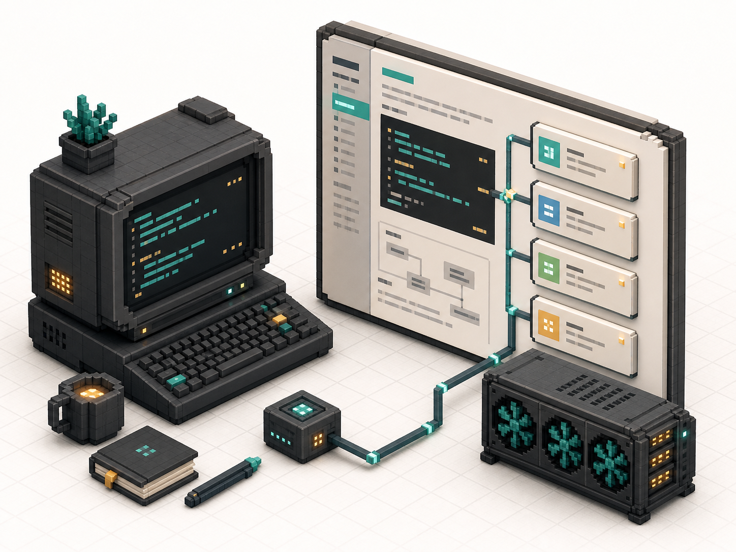 3D pixel-art API documentation workstation with an endpoint board, terminal, and GPU server