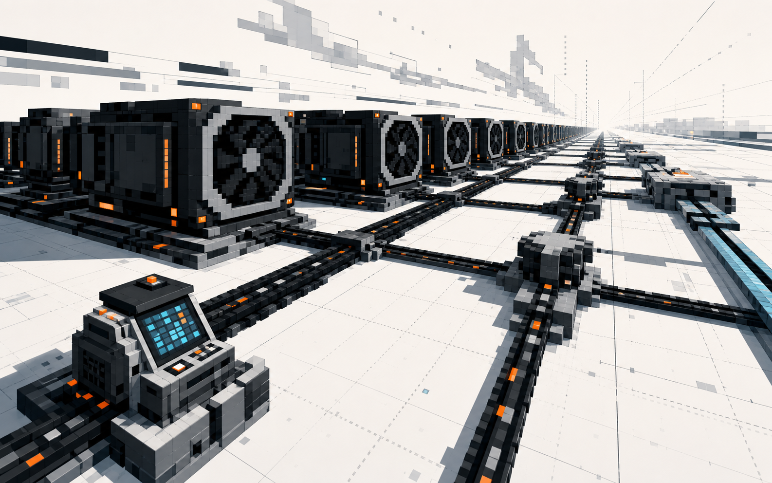 3D pixel-art visualization of an automated GPU cloud platform