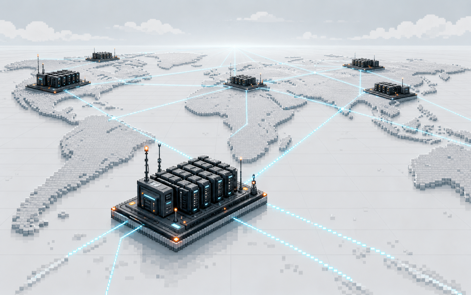 3D pixel-art map of distributed inference infrastructure