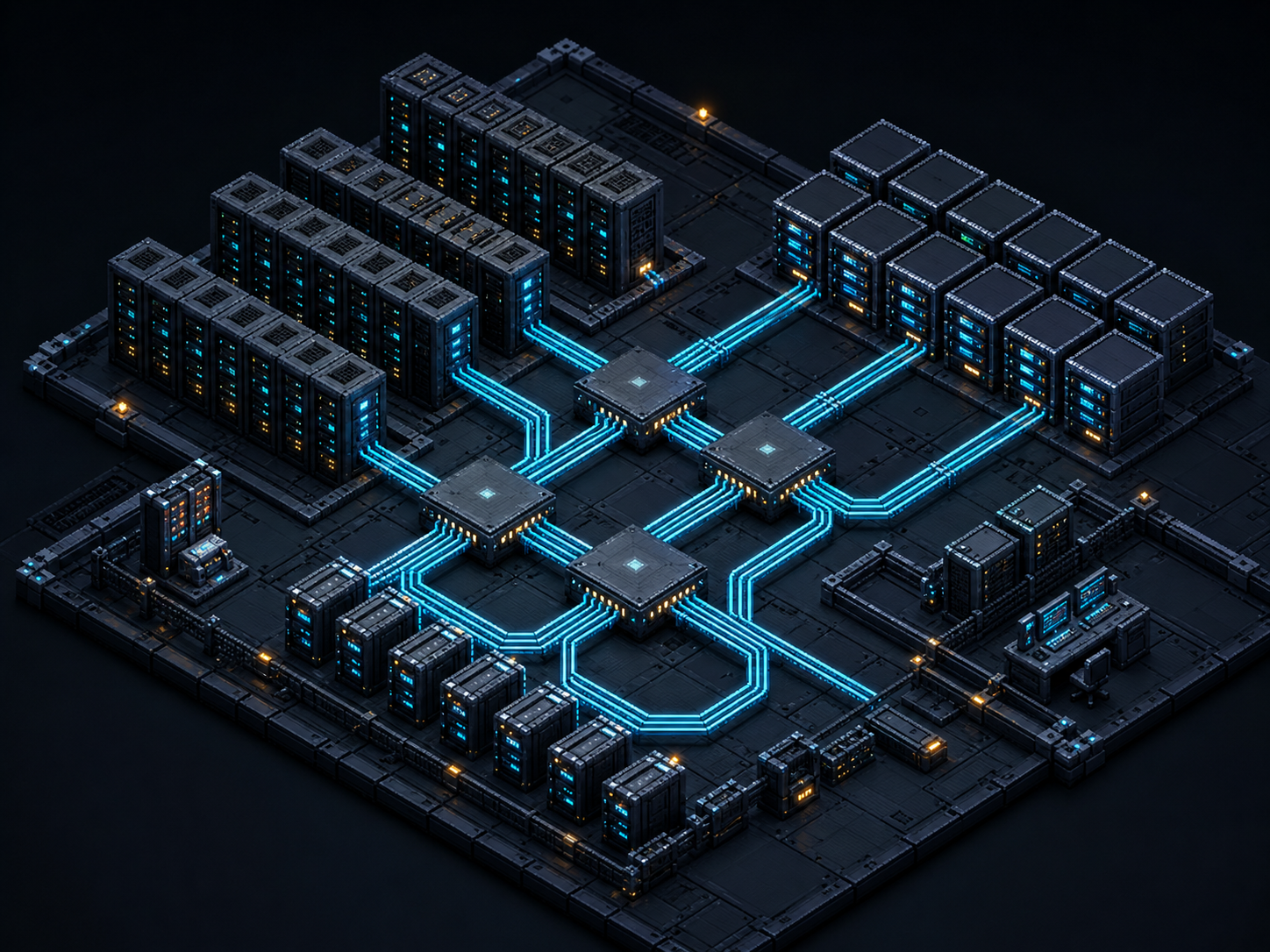 3D pixel-art GPU networking fabric with server racks and connected switches