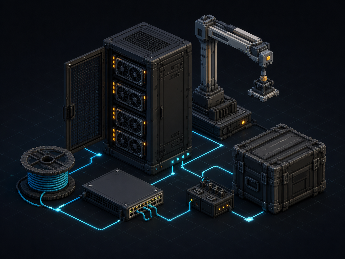 3D pixel-art coordinated data center deployment with a server rack, network switch, cable spool, and installation arm